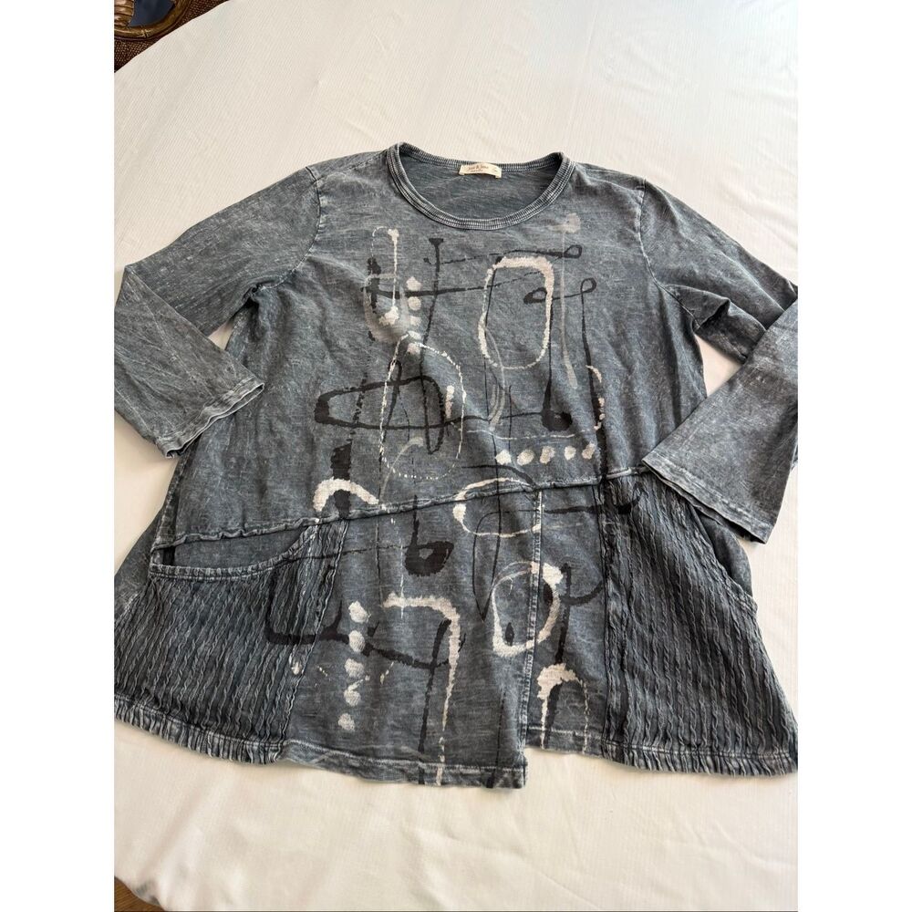 Jess & Jane Blue Grey Mineral Wash Abstract Lagenlook Art To Wear Tunic Top XL
